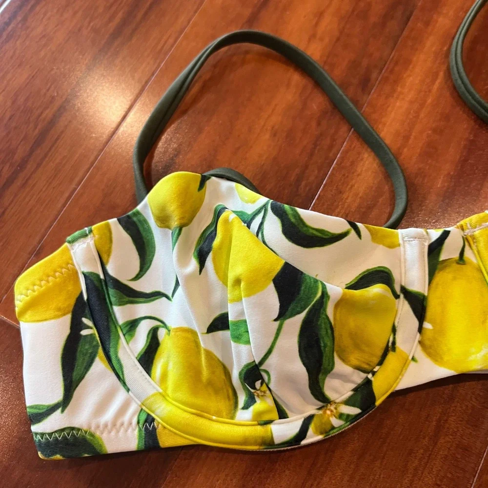 J Crew Bikini Bottom Lemon Fruit‎ Print Yellow Underwire Balconette Swim New 32A